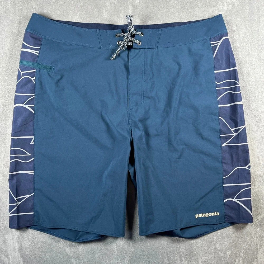 Patagonia Hydro Series Boardshorts Mens 34 Blue Graphic Stretch Swim Trunks